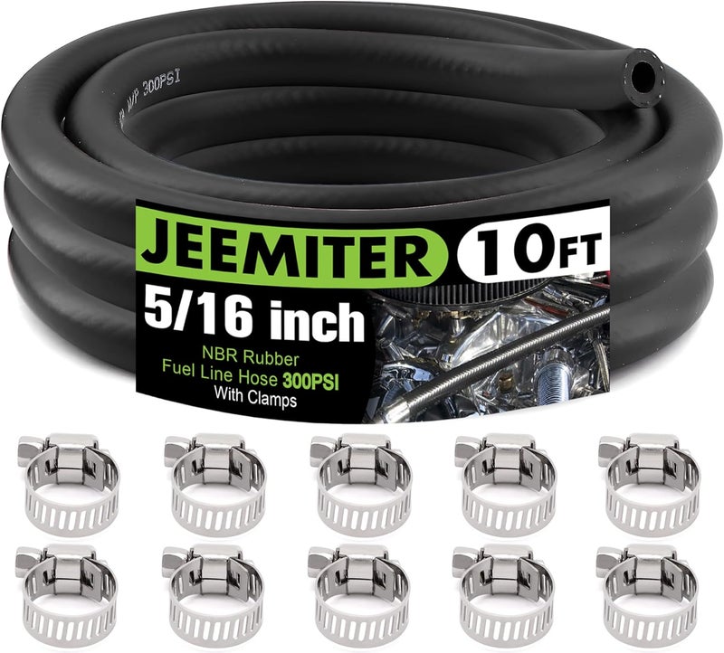 Jeemiter 5/16 Inch (8mm) ID Fuel Line Hose 10FT - SAE 30R7 NBR Replacement for Gas, Diesel, Oil - High Pressure 300PSI Kit with 10 Clamps for Automotive, Marine, Lawn Mower, Generator - Image 1